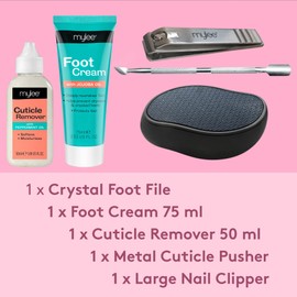 Mylee Pedicure Kit – 5 Piece Set with Crystal Fool File, Foot Cream, Cuticle Remover, Metal Cuticle Pusher and Large Nail Clippers, Dry, Dead or Hard Skin Removal, Suitable for Salon and Home Use
