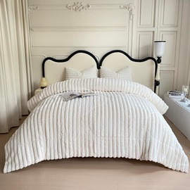 chovy Faux Rabbit Striped Plush White Fur Comforter Sets King - Ultra Soft Shaggy Flannel Velvet Fluffy Fuzzy 3PC Bedding Set （Comforter x 1 Pillowcases x 2）