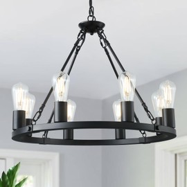8 Lights Wagon Wheel Chandelier, Black Kitchen Island Lighting Fixture Round Metal Industrial Farmhouse Dining Room Pendant Light for Living Room Foyer Entryway,E26 Socket, 23.6". Height Adjustable