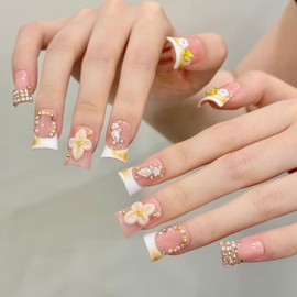 10Pcs Handmade Duck Press on Nails Medium Thick Fake Nails French Tip False Nails with 3D Flower Rhinestone Design Reusable Acrylic Nails Press on Nails Full Cover Glue on Nail for Women Nail Art (S)