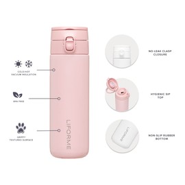 Liforme Portable Water Bottle, Leakproof Screw Cap, Lightweight, Eco-Friendly, Hot/Cold Vacuum Insulation, Sweat-free Double Wall Design, BPA Free, 380ml - Pink