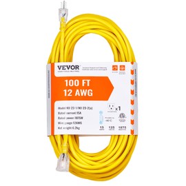 VEVOR 100FT Heavy Duty Extension Cord, 12AWG 15Amps 1875W, 3 Prongs Indoor Outdoor Electric Cord with Lighted End, Flexible & -40°C Cold-Resistant for Lawn, Garage, Home Use, ETL Listed