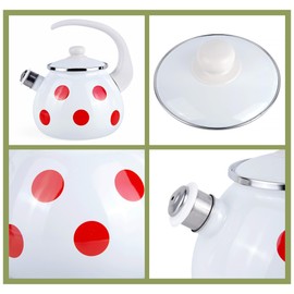 Enamel Kettle with Whistle 2.7 Qt (2.5 L) Stovetop Kettle with Ergonomic Handle, Enameled Steel Tea Pot for Stove Top, Vintage Kitchen Tea Kettle, Dishwasher and Induction Safe (Red Polka)