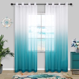 Teal Curtains 84 Inch Length for Bedroom Decor Pair Set 2 Panels Ombre Aqua Blue Turquoise Gradient Grommet Semi Drapes Transparent Window Sheer Beach Curtains for Living Room Girls Dining 52x84 Long