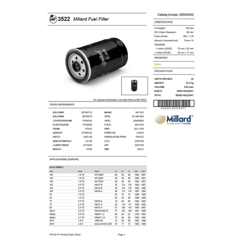 Millard Filters Millard MF3522 Car Fuel Filter 156x86mm M16x1.5 Global
