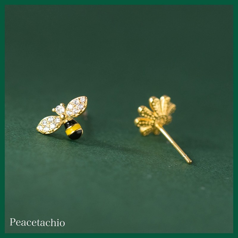 Silver 925 Earrings, Silver, Gold, 18K Coating, Honeybee, Flowers, Asymmetrical,