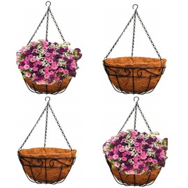 Ashman 16 Inch Metal Hanging Planter Basket with Coco Coir Liner Round Wire Plant Holder Chain Porch Decor Flower Pots Hanger Garden Decoration Indoor Outdoor Watering Hanging Baskets (4 Pack)