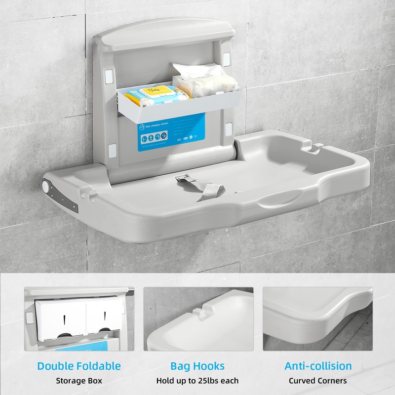 Fold-Down Baby Changing Diaper Station - Horizontal Wall Mounted, Sturdy