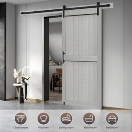 S&Z TOPHAND® 48in x 84in MDF Light Gray Barn Door with 8FT Sliding Door Hardware Kit, 24-60in Solid Barn Door Slab Covered with Water-Proof PVC Surface, Simple Assembly is Required