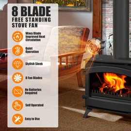 Fireplace Fan, 8 Blades Stove Fan Without Power, Fan for Fireplace, Quiet Operation, Wood Stove Fan, Stove Pipe Fan with Temperature Display and Gloves for Wood, Wood Stove Fireplace