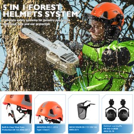 UM ULTRAMAXX 5 in 1 Forestry Safety Helmet with Mesh Face Shield, Built-in Visor, and Ear Muffs Kit, Vented Chainsaw Arborist Helmet for Logging, and Garden Work, Orange