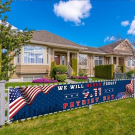 Aperturee 9.11 Memorial Patriotic Day Banner, 100x20 Inch Never Forget, NYC Skyline Tribute, Wall Hanging Decor Photo Booth Props for Indoor Outdoor