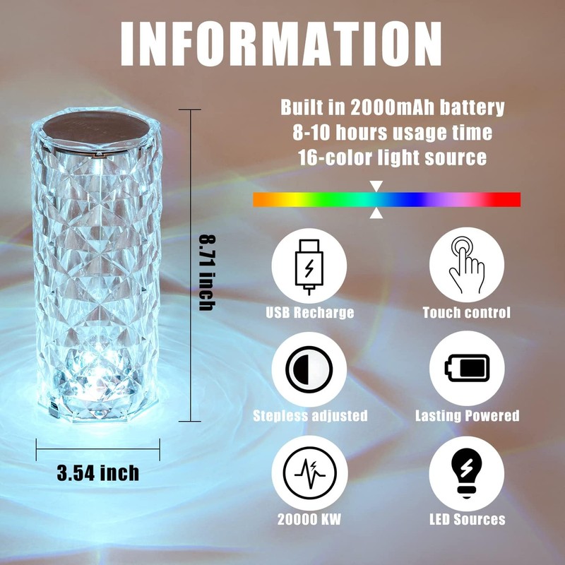 BGFHome Crystal Table Lamp RGB Color Changing Night Light,Romantic LED