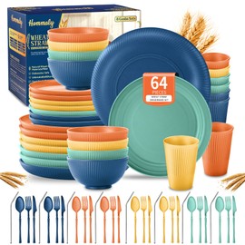 Wheat Straw Dinnerware Sets,64-Piece Plates and Bowls Sets for 8-Unbreakable,Reusable Plastic Dish Set-Dinner Plate/Dessert Plate/Cereal Bowl/Cup/Utensils-Dishwasher Safe 64P-JadePeak Lake Sunset
