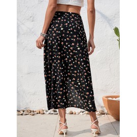 Floerns Women's Boho Floral High Waist Split A Line Midi Skirt Dark Black Floral M