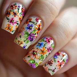 Colorful Flowers Press on Nails Medium Square Stick on Nails Spring Summer False Nails Cute Glue on Nails Glossy Full Cover Artificial Acrylic Fake Nails Reusable Nails Kit for Women Girls 24Pcs