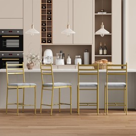 GarveeHome Bar Stools Set of 4, Modern Velvet Bar Chair with Back & Thick Cushion, Upholstered Counter Height Bar Stools with Footrest for Kitchen Island, Counter Bar, Gold
