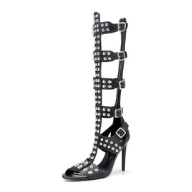 sexyprom Women's Open Toe Hollow Knee High Boot 4.3IN Stiletto Heels, Metal Bead & Big Bukles Nightclub Party Wedding Shoes Black US8