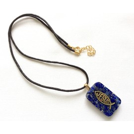 Orgone energy pendant necklace with golden Jesus Christian Fish & Lapis Lazuli natural stones. Made in USA