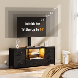 TV Stand with Mount and 7 Fabric Drawers, Led Entertainment Center with Power Outlets for 32 45 55 60 65 70 inch TVs, Black Dresser with Open Shelves, Media Console Cabinet for Living Room Bedroom