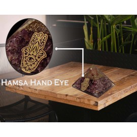 Sharvgun Orgonite Pyramid Amethyst Stone Hamsa Hand Eye Negative Energy Protection Healing Crystal Gemstone Orgone Pyramid Yoga Meditation 65-75 MM