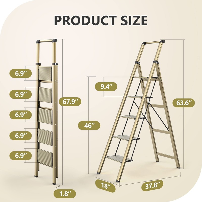 5 Step Ladders for Home, 300lbs Load, 46'' Top Step,
