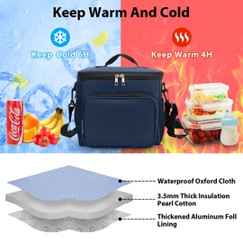 BPTAKOO Insulated Lunch Bag for Women Men, Large Reusable Lunch Box for Work Office Picnic Hiking Beach - Leakproof High Capacity Foldable Adults Cooler Tote Bag with Adjustable Shoulder Strap, Blue