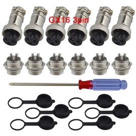 QitinDasen 6Pcs Premium 3 Pin GX16 Aviation Connector, 5A 16mm Thread Male Female Panel Metal Aviation Wire Connector Plug Socket, with Rubber Protector Cap and Phillips Screwdriver