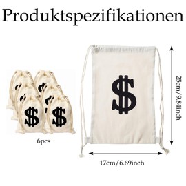 Pack Of 6 Money Bags, Geldsack, Geldsack MüNzbeutel, Coin Bag With Dollar Sign, GeldsäCkchen, Canvas Money Bag, Money Bag Costume For Scavenger Hunts, Western Cowboy Costume, 17 X 25 Cm, White