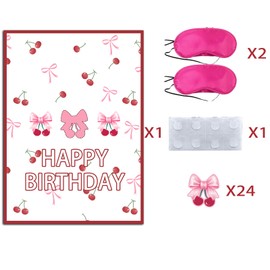 Bowknot Birthday Party Decoration,Holiday Party Decoration Set Cute Bowknot Stickers, Large Poster and 24 Bowknot Themed Birthday Gift Stickers (Cherry Pink)