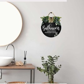 Bathroom Sign Bathroom Open 24 Hours Please Seat Yourself Rustic Wooden Wreath - Farmhouse Wall Decor - Hanging Wall Decoration