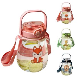 Kids Water Bottle with Straw - 50oz BPA-Free, Animal Sticker Design, Handle, Shoulder Strap, Wide-Mouth, Easy-to-Clean - Perfect for Outdoor Activities, Beach, School - Giraffe Drinkware Silicone - Bottle Pattern: Giraffe