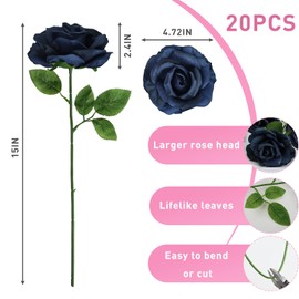 YMDOBIGER 20 pcs Fake Rose Artificial Flowers - Silk Rose with Stems Realistic for Flower Arrangements Home Wedding Bouquets Centerpieces Decor - Navy Blue