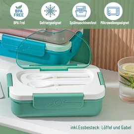 RUHMEX Children's Lunch Box with Compartments, 1350 ml, Lunch Box Children's Bento Box, Leak-Proof with 5 Compartments, Cutlery Set, Breakfast Box for Girls Boys Nursery, Lunch Box for Adults (Green)