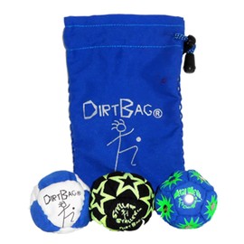 DIRTBAG All Star Footbag Hacky Sack 3 Pack with Pouch, 100% Handmade, Premium Quality, Bright Vivid Colors, Signature Carry Bag - Blue/White