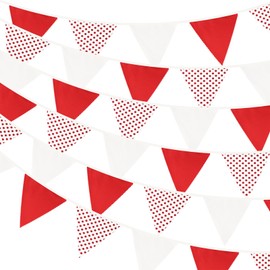 G2PLUS Red and White Dots Fabric Banner, 12M Dots Fabric Buntingr, Large Cotton Triangle Garland with 42PCS Dots Blank Pennants for Wedding Birthday,Kid's Bedroom, Playhouse, Garden,Decoration