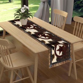 Western Table Runner, Rustic Texas Star Brown Cow Print Skin Cowhide Farmhouse Cottage Country Table Center Decor for Home Kitchen Dining Party Patio Indoor Outdoor Table Decorations, 13"x90" Inch