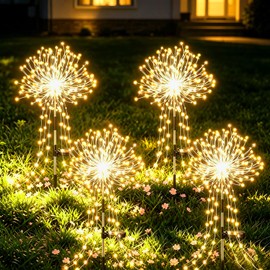 WISEgham 4Pack 480LED Solar Stake Lights, Fireworks Lights, Warm White