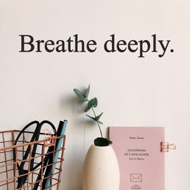 Vinyl Wall Art Decal - Breathe Deeply - 3" x 20" - Trendy Inspirational Positive Peace Quote Sticker for Home Office Bedroom Living Room Coffee Shop Decor (Black)