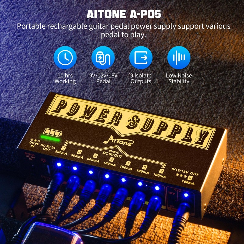AITONE Pedal Power Supply 9V 12V 18V Rechargeable Battery Guitar
