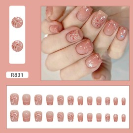 24Pcs Valentine's Day False Nails,Firework Star Pink Valentine's Day Fake Nails Short, Glossy Press on Nails with Glue, Acrylic Nails Full Cover Stick on Nails for Women and Girls
