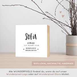 Wunderpixel® Holzbild personalisiert mit Namen & Geburtsdaten & Spruch 15x15x2cm zum Hinstellen/Aufhängen echter Fotodruck auf Holz - persönliches Wand-Bild Aufsteller Deko oder als Geschenk-Idee