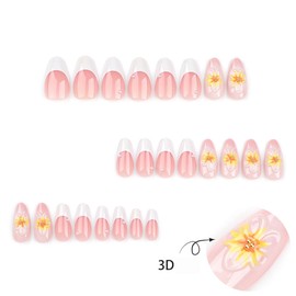 White French Press on Nails Medium Almond Fake Nails Nude False Nails Spring Yellow Flower Pearls Full Cover Stick on Nails Acrylic Cute Artificial Glossy Nails for Women Glue on Nails 24 Pcs