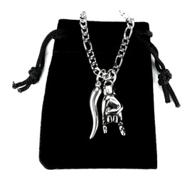 Ann Claridge Mano Cornuto and Cornicello combo Necklace, on 20" Figaro Chain, Portafortuna Italian Lucky Hand Horn Anti Evil Good Luck Double Protection Amulet Charms, Waterproof Stainless Steel