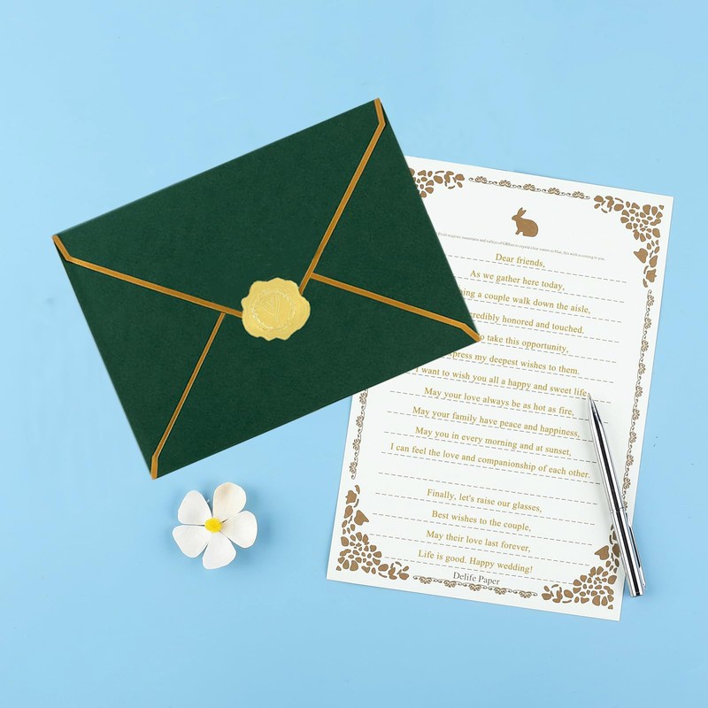 50 Pack 5x7 Envelopes with Gold Border, Dark Green A7
