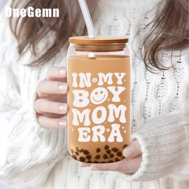OneGemn In My Boy Mom Glass Cup with Lid and Straw Gifts for Boy Mom from Son - 16 oz New Boy Mom Cup - Birthday Drinking Cup for Mom Christmas for Boy Mom Gifts for New Mom Gift for Mothers Day