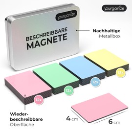YOURGANIZE® 48 Writable Magnets Pastel – 6 x 4 cm – Magnetic Strips Writeable for Fridge, Whiteboard, Scrum & Kanban Board – Whiteboard Magnets in 4 Pastel Colours (Size M)