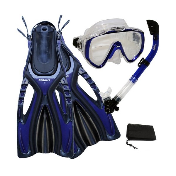 Promate Scuba Diving Snorkeling Extra-Wide Mask Snorkel Fins Gear Set, Blue, S/M