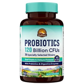 Vitalitown Probiotics 120 Billion CFUs | 36 Strains, with Prebiotics & Digestive Enzymes | Shelf Stable | Digestive Health & Immune Support | Vegan, Non-GMO | Pack of 1 | 60 Delayed Release Veg Caps