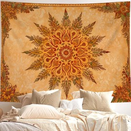 Accnicc Boho Mandala Floral Tapestry Vintage Bohemian Indian Tapestries for Bedroom Aesthetic Retro Orange Yellow Flower Small Tapestry Wall Hanging for Dorm Living Room Decor 48 x 36 Inch